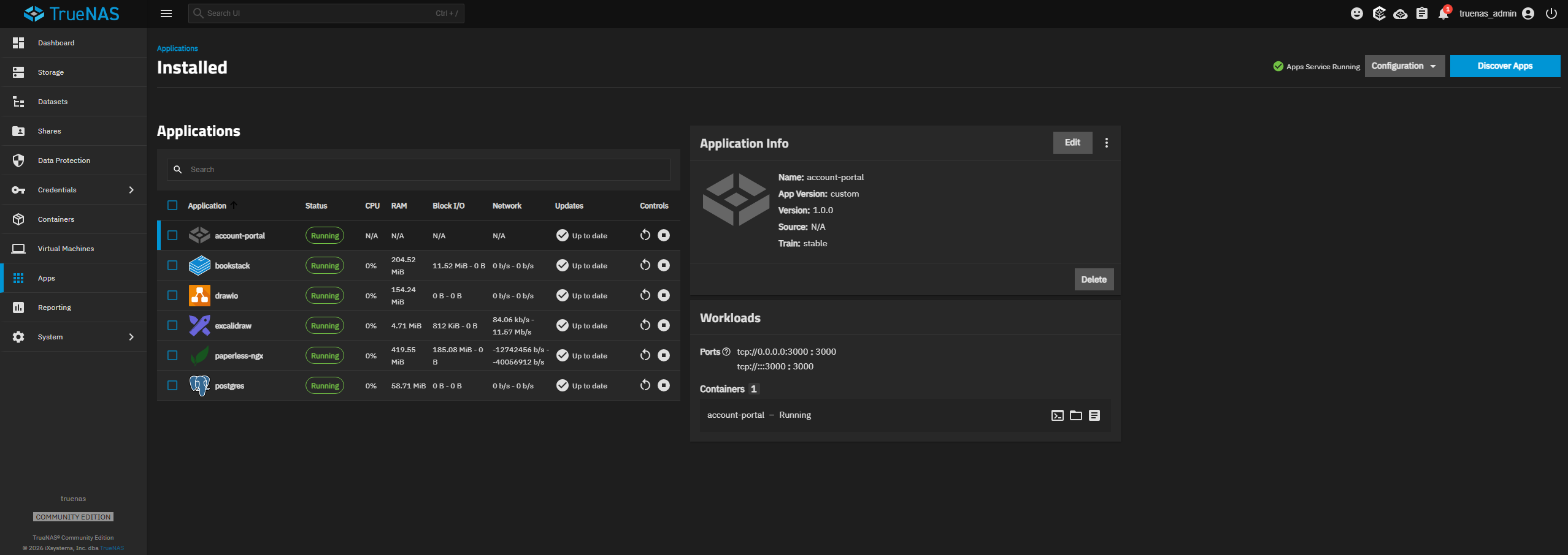 Account portal application running in TrueNAS
